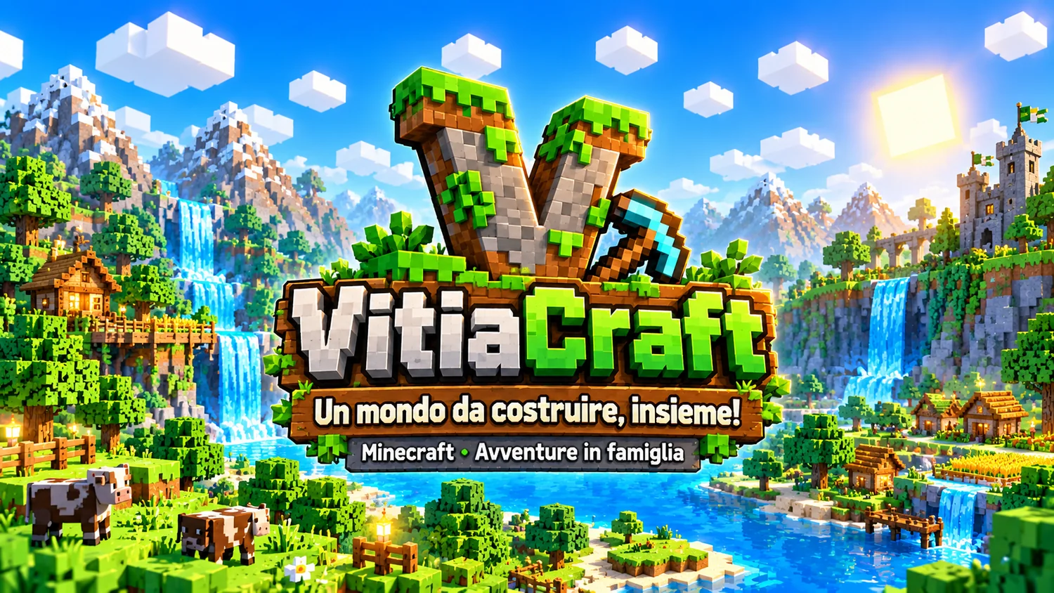 Il mondo voxel di VitiaCraft: montagne, foreste, un villaggio e il logo del server
